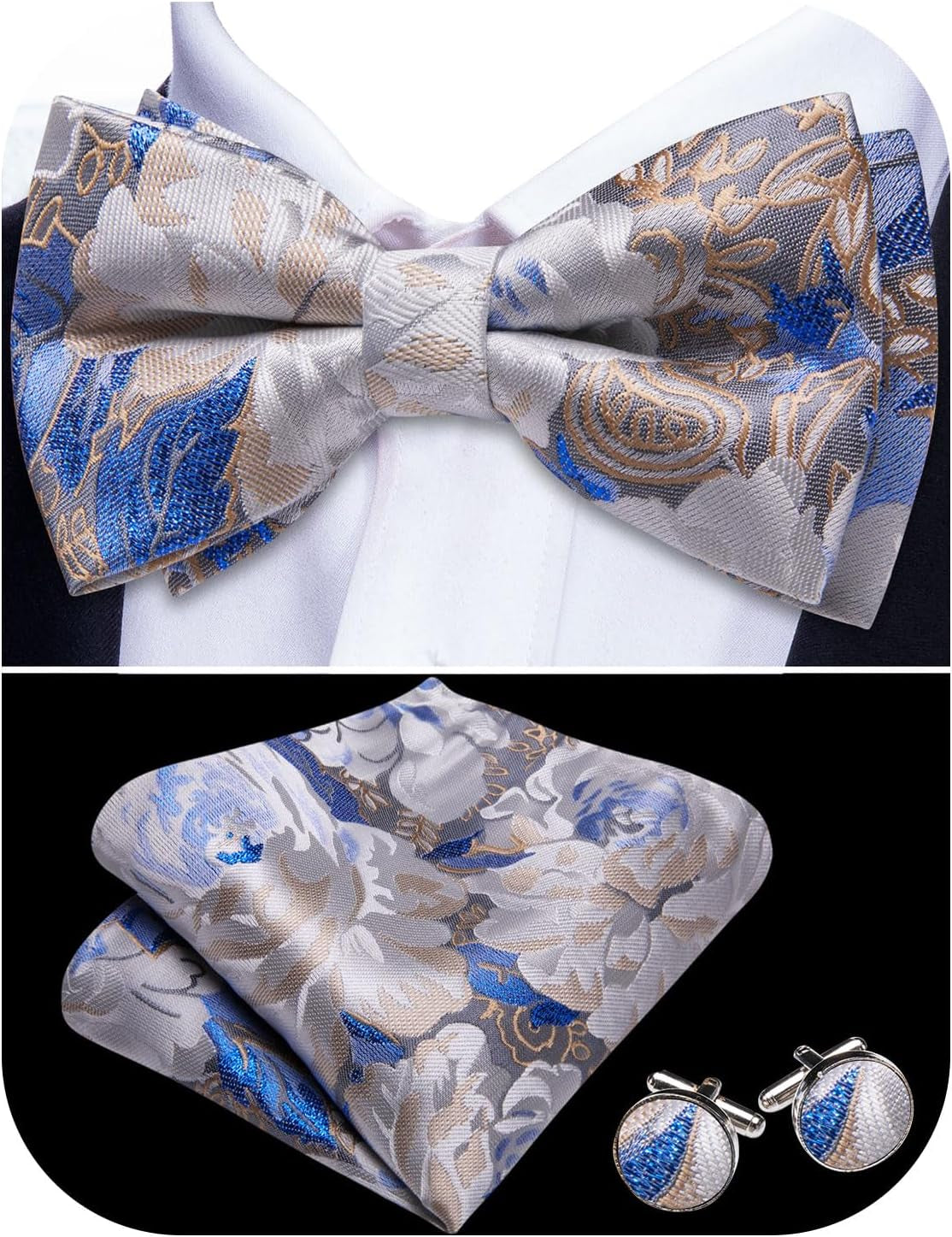 Paisley Striped Bow Tie for Men Silk Pre-Tied Bowtie Pocket Square Cufflinks Set Formal Wedding Party Prom - WORLD TIME VISITS