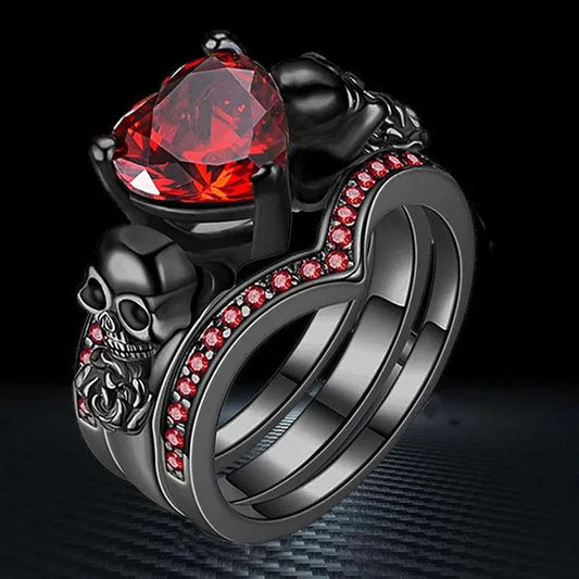 Gothic Skull Black Rings Set Women Rose Flower Red Purple Heart Love Zircon Crystal Christmas Anniversary Engagement Gift - WORLD TIME VISITS