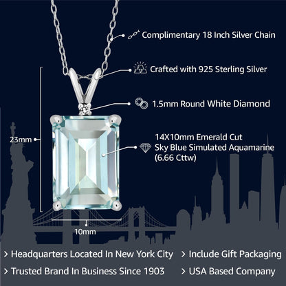 14X10MM Emerald Cut Gemstone Birthstone and White Diamond Necklace | 925 Sterling Silver | Pendant Necklace for Women | with 18 Inch Silver Chain