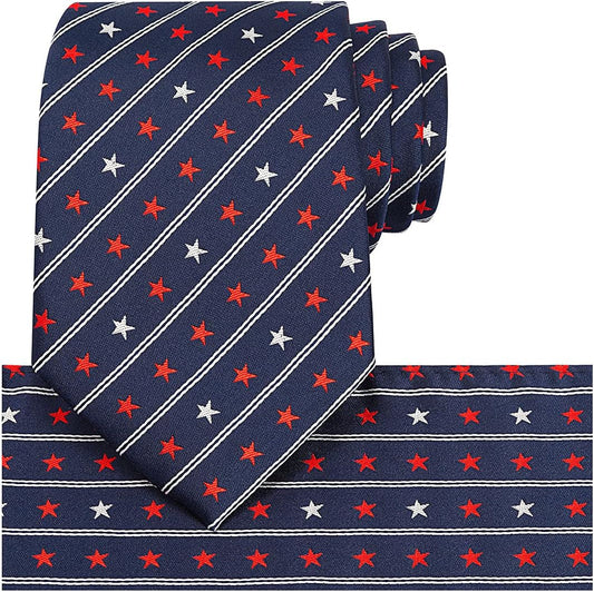 Mens Silk Tie Set Patriotic Ties the USA Necktie + Pocket Square - WORLD TIME VISITS