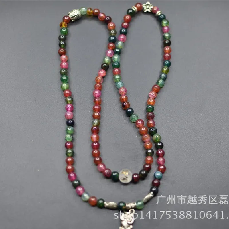 Lucky 6Mm Tourmaline Agate 108 BEADS BRACELET HANDMADE Agate Vingage Silver Plated Necklace