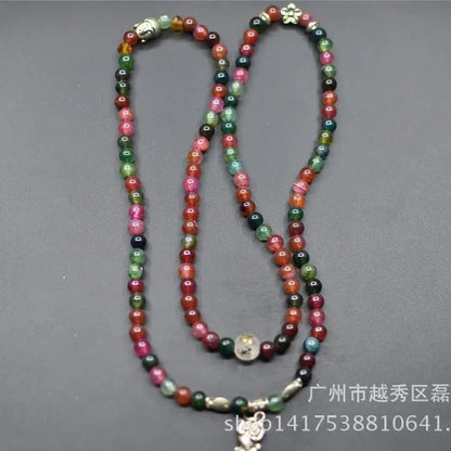 Lucky 6Mm Tourmaline Agate 108 BEADS BRACELET HANDMADE Agate Vingage Silver Plated Necklace