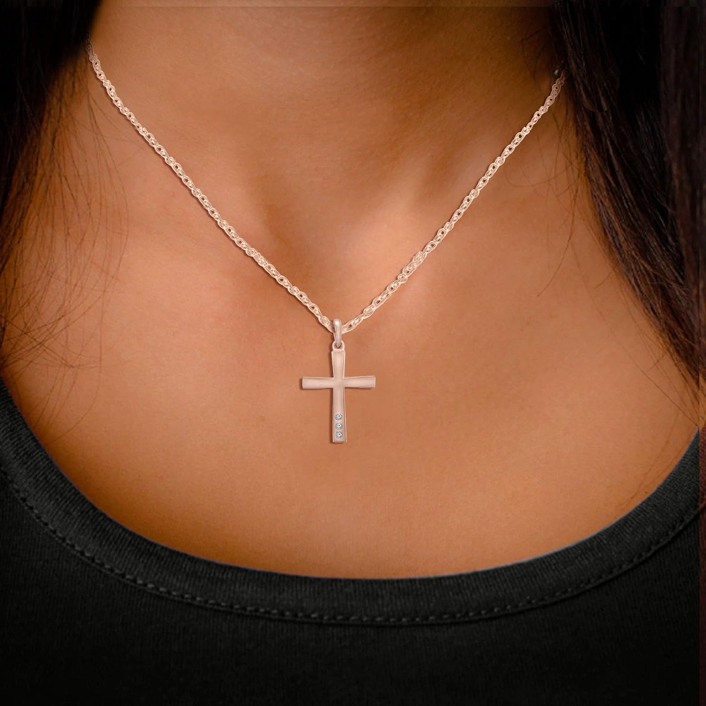 Collection 925 Sterling Silver round Cut Real White Diamond 3-Stone Religious Cross Pendant Necklace with 18" Chain | H-I Color, I1-I2 Clarity, 0.03 Cttw