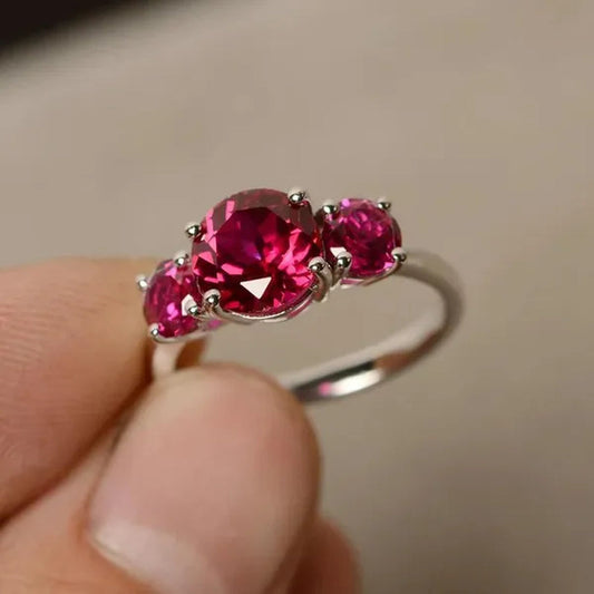 Ruby Ring Three Stone Zircon Ring Bride Engagement Wedding Anniversary Silver Plated Ring