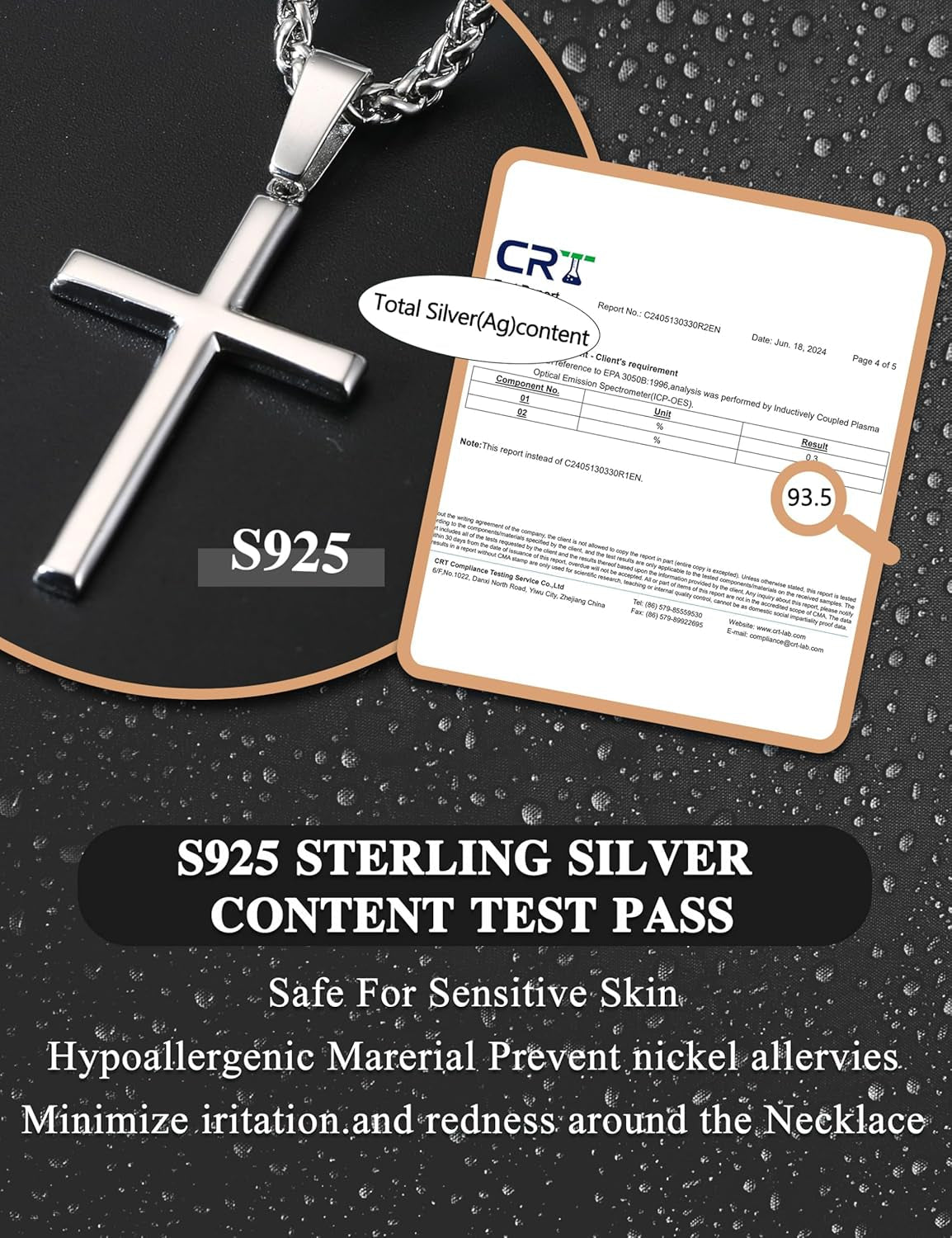 925 Sterling Silver Cross Necklace Men-Removable Silver Cross Pendant with Hypoallergenic 316L Stainless Steel Wheat Chain Crucifix Necklace Jewelry for Mens Women, 16-30 Inches