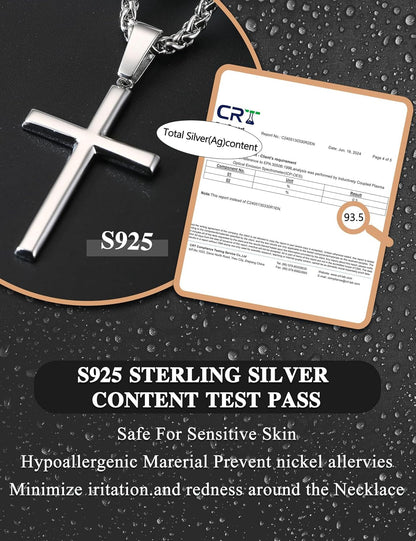 925 Sterling Silver Cross Necklace Men-Removable Silver Cross Pendant with Hypoallergenic 316L Stainless Steel Wheat Chain Crucifix Necklace Jewelry for Mens Women, 16-30 Inches