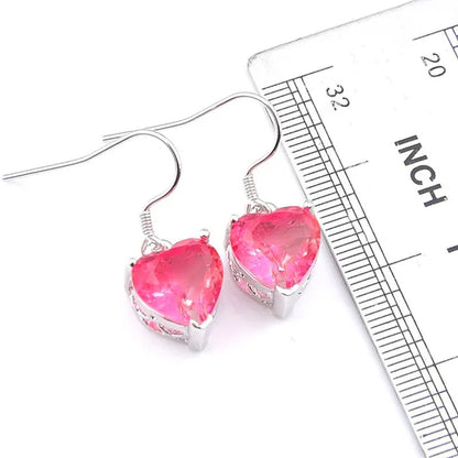 Heart Cut Shine Dazzling Pink Fire Bi-Colored Tourmaline Gemstone Silver Dangle Earrings Pendant Necklaces Jewelry Sets for Women Wedding Holiday Friends