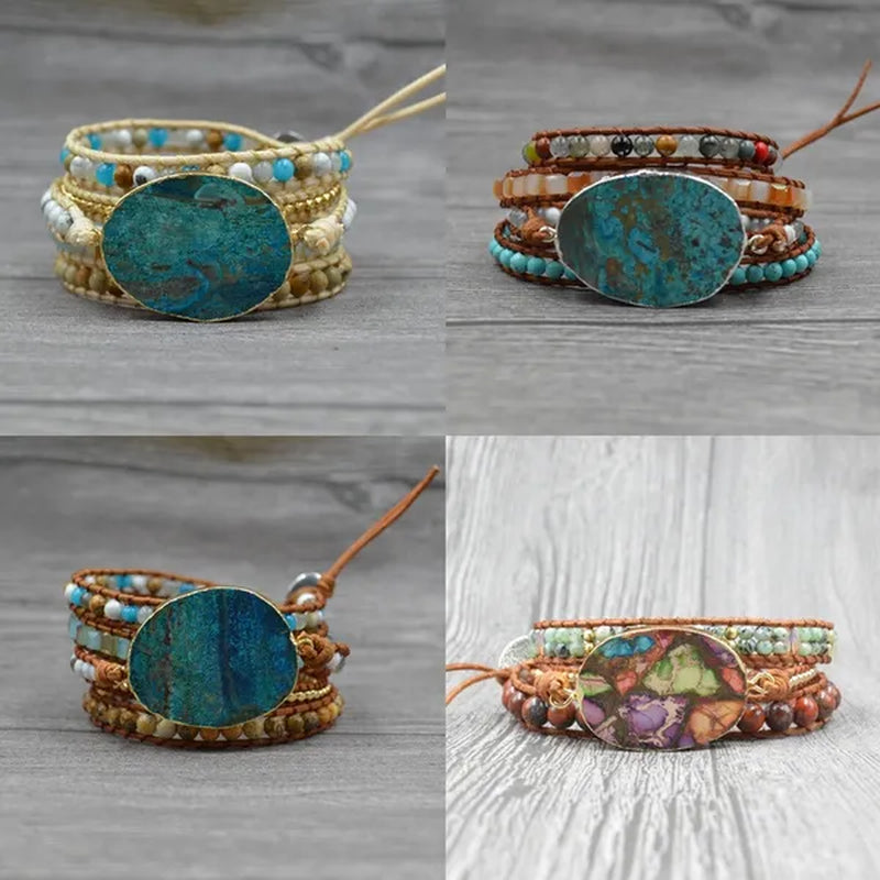 Vintage Boho Handmade Turquoise Charm Natural Stone Beads Bracelets Adjustable Wrap Leather Bracelet Jewelry - WORLD TIME VISITS