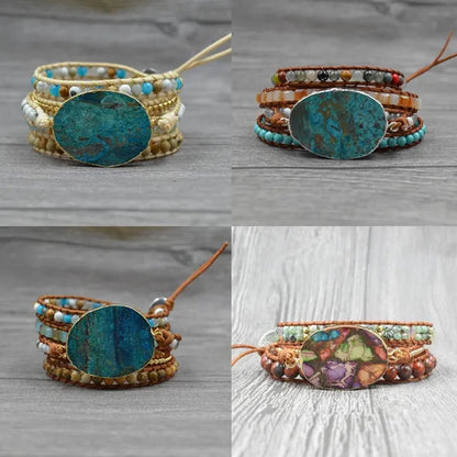 Vintage Boho Handmade Turquoise Charm Natural Stone Beads Bracelets Adjustable Wrap Leather Bracelet Jewelry - WORLD TIME VISITS