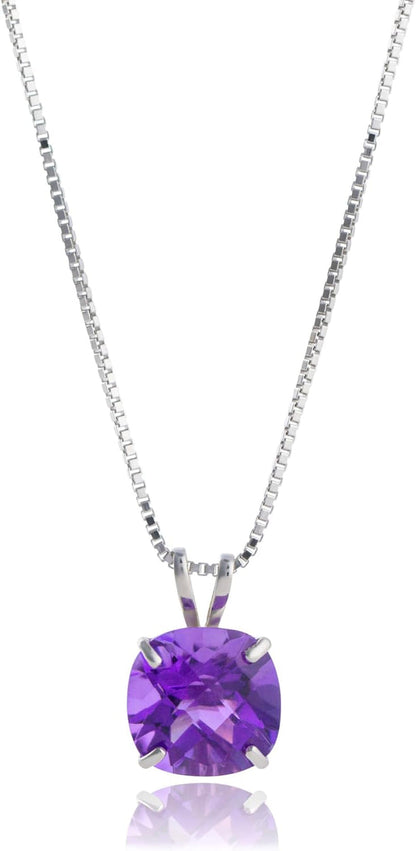 925 Sterling Silver 8Mm Cushion Cut Birthstone Solitaire Pendant Necklace for Women with Box Chain - WORLD TIME VISITS