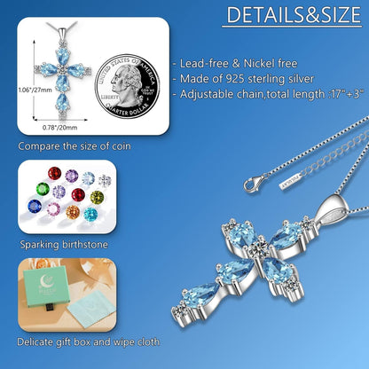 Cross Necklace for Women,925 Sterling Silver Jesus Christian Religious Birthstone Jewelry