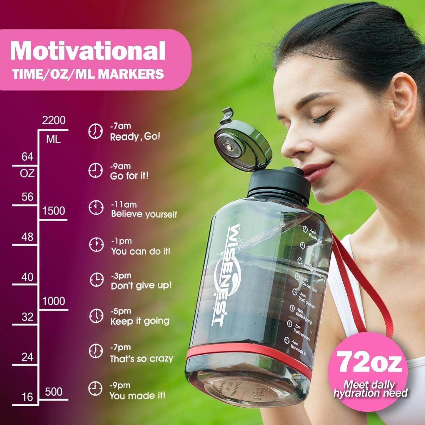 Half Gallon Water Bottles - Leakproof Large Bpa-Free Water Jug - Motivational Water Bottle with Time Marker, Wide-Mouth for Sports Gym Travel Men Women (2.2L, Black, 72 Ounce)