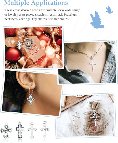 60 Pcs Antique Silver Cross Charms, Alloy Crucifix Pendant Connector for Bracelet Earrings Necklace Jewelry Making (15 Styles)