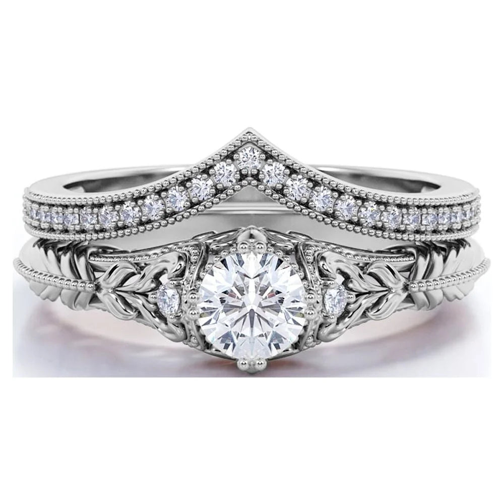 Engraved .68 Carat round Cut Real Diamond Victorian-Inspired Wedding Ring Set with Chevron Wedding Band in 10K White Gold