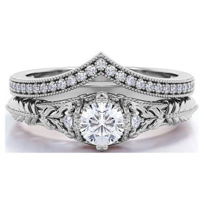 Engraved .68 Carat round Cut Real Diamond Victorian-Inspired Wedding Ring Set with Chevron Wedding Band in 10K White Gold