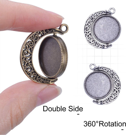 Moon Rotation Double Side Pendant Trays Kits in Box, 12 Pieces Pendant Tray with 24 Pieces Glass Cabochons Clear Dome 18Mm Blank, 2 Colors Bezels