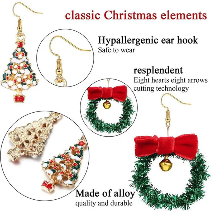 4 Pairs Christmas Earrings for Women Girls Christmas Bell Light Bulbs Hoop Earrings Christmas Tree JingleBall Snowflake Bow Flower Elk Dangle Earrings Christmas Party Jewelry Set Gift