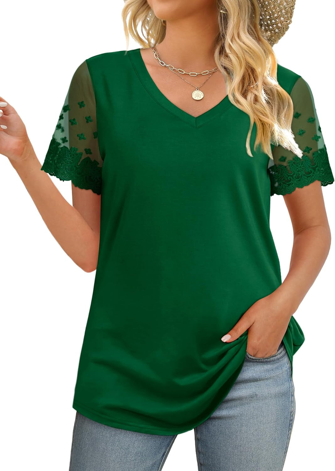 Casual V Neck T Shirts for Women Lace Short Sleeve Curved Hem Tops Loose Fit