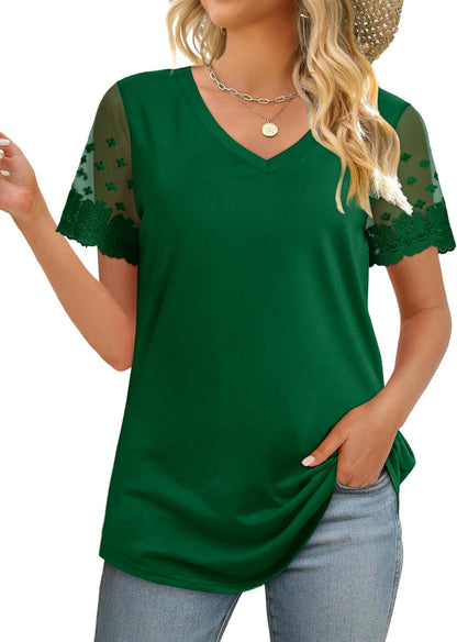 Casual V Neck T Shirts for Women Lace Short Sleeve Curved Hem Tops Loose Fit