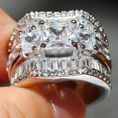 Luxury  Silver White Sapphire Flower Ring Natural Gemstones Birthstone Engagement Rings Wedding Anniversary Bride Women Man Princess Cross Ring Size 6 7 8 9 10