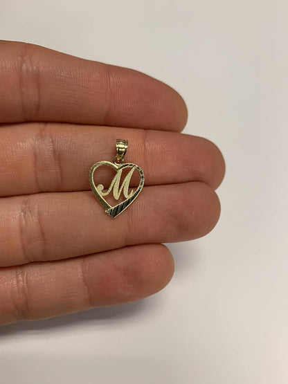 10K Solid Gold Initial Pendant in Heart Frame with Diamond Cut Finish, Available in Different Letters of Alphabet Personalized Charm for Women (M)