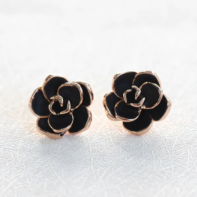 2PCS Women Gold Plated Black Rose Flower Clip on Earrings Non-pierced Jewelry