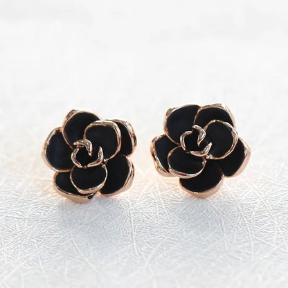 2PCS Women Gold Plated Black Rose Flower Clip on Earrings Non-pierced Jewelry