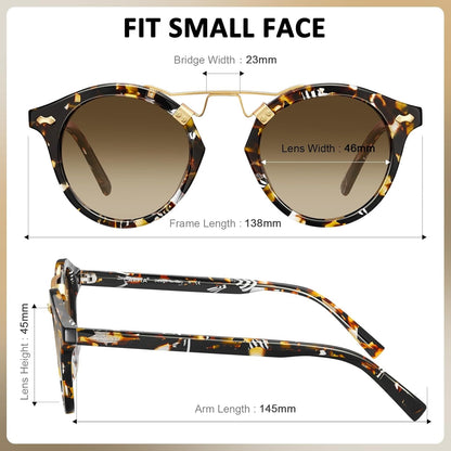 Small Face Acetate Polarized Sunglasses for Women UV Protection, Retro Double Bridge Eyewears Metal Brow round Sunnies