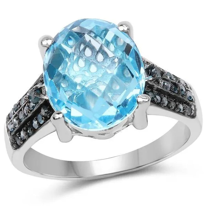 HauteFacets QR5748BSBTBLD-SSR-7 5.51 Carat Genuine Baby Swiss Blue Topaz & Blue Diamond 0.925 Sterling Silver Ring