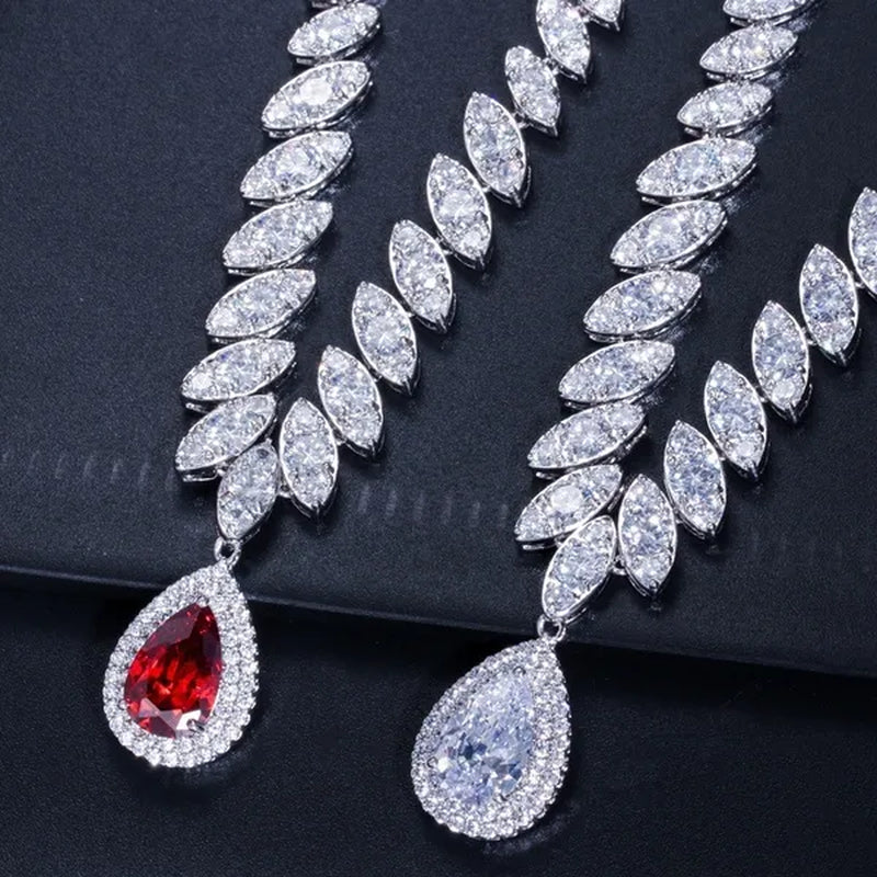 Gloriya Gorgeous Platinum Plated Party Jewelry Paved Indian Red Cubic Zirconia Crystal Big Tear Drop Necklace Earrings Set for Female Evening
