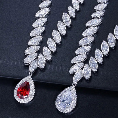 Gloriya Gorgeous Platinum Plated Party Jewelry Paved Indian Red Cubic Zirconia Crystal Big Tear Drop Necklace Earrings Set for Female Evening