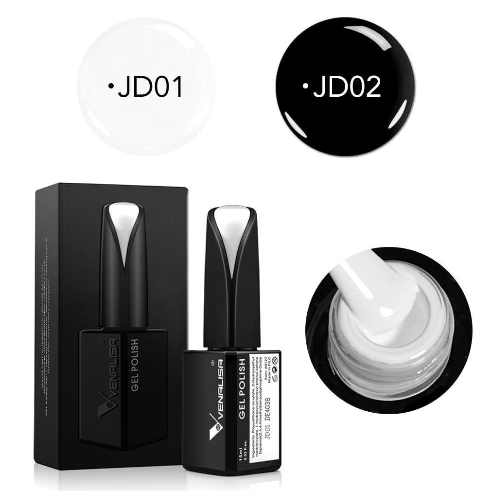 VENALISA 2Pcs 15Ml Black White Gel Nail Polish Kit, Nail Gel Polish Set Soak off UV LED Nail Art Starter Manicure Salon DIY at Home