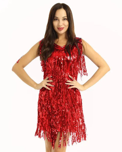 Womens V Neck Sleeveless Sparkling Sequin Tassels Ballroom Samba Tango Latin Dance Dress Stage Performance Costumes