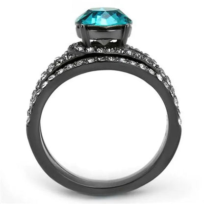 2.39 Ct Blue Zircon Crystal Gray Stainless Steel Wedding Ring Set Women's Size 5-10