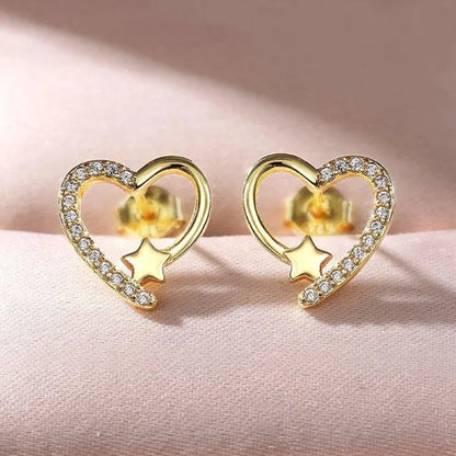14K Gold Love Heart Star White Zircon Stud Earrings for Women Wedding Engagement Bride Jewelry Gift