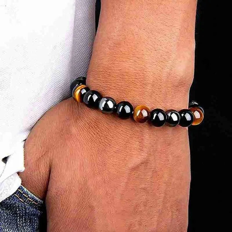 Men's Fashion Natural Stone Bracelet Tiger Eye Triple Protection Hematite and Black Obsidian Bracelet Gift Jewelry