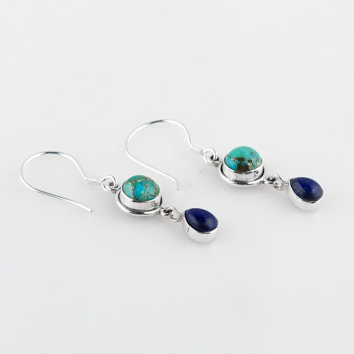 Turquoise & Lapis Lazuli Gemstone Earrings | 925 Sterling Silver Jewelry | Artiasn Crafted Handmade Jewelry | Stunning Drop Design | Healing Crystals | Perfact Gift for Women