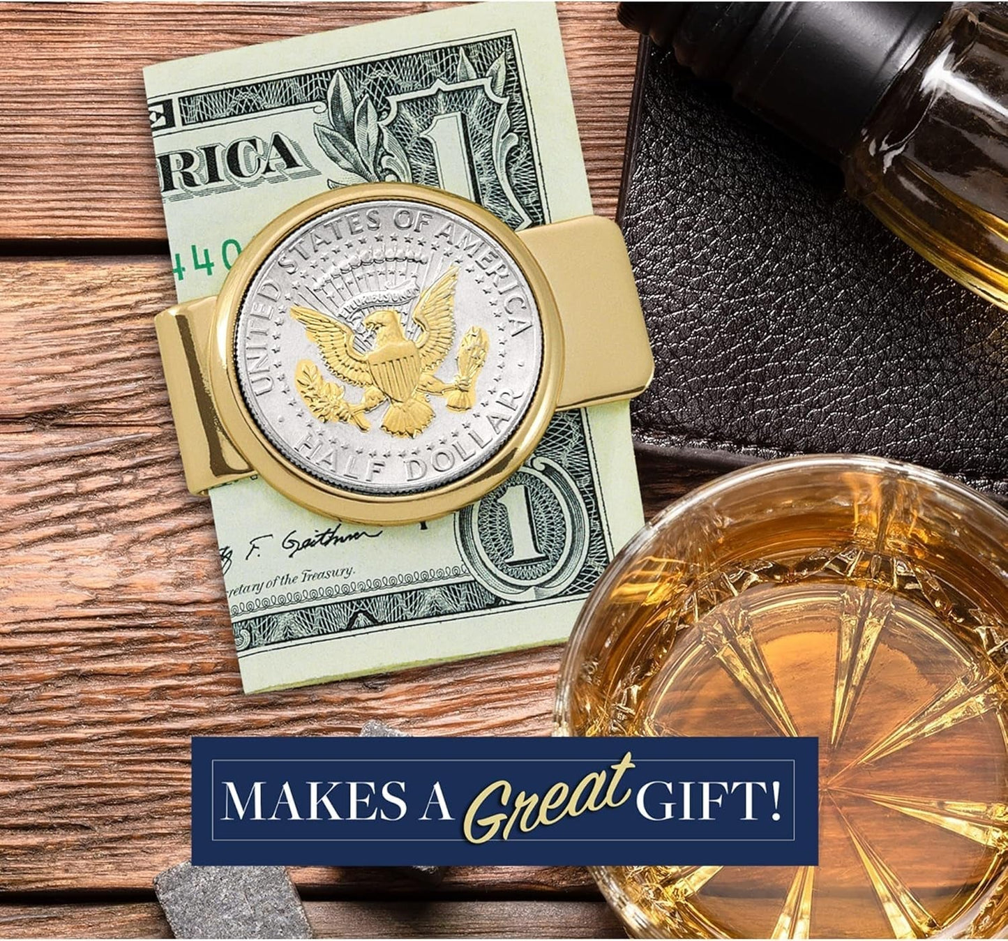 Coin Money Clip - Presidential Seal JFK Half Dollar Selectively Layered in Pure 24K Gold, Brass Moneyclip, Holds Currency, Credit Cards, Cash, U.S. Coin