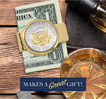 Coin Money Clip - Presidential Seal JFK Half Dollar Selectively Layered in Pure 24K Gold, Brass Moneyclip, Holds Currency, Credit Cards, Cash, U.S. Coin