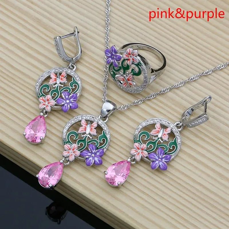 Purple Amethyst Silver 925 Jewelry Sets Charm Enamel Butterfly Flower Earrings Women Handmade Decoration Jewellry