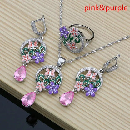 Purple Amethyst Silver 925 Jewelry Sets Charm Enamel Butterfly Flower Earrings Women Handmade Decoration Jewellry