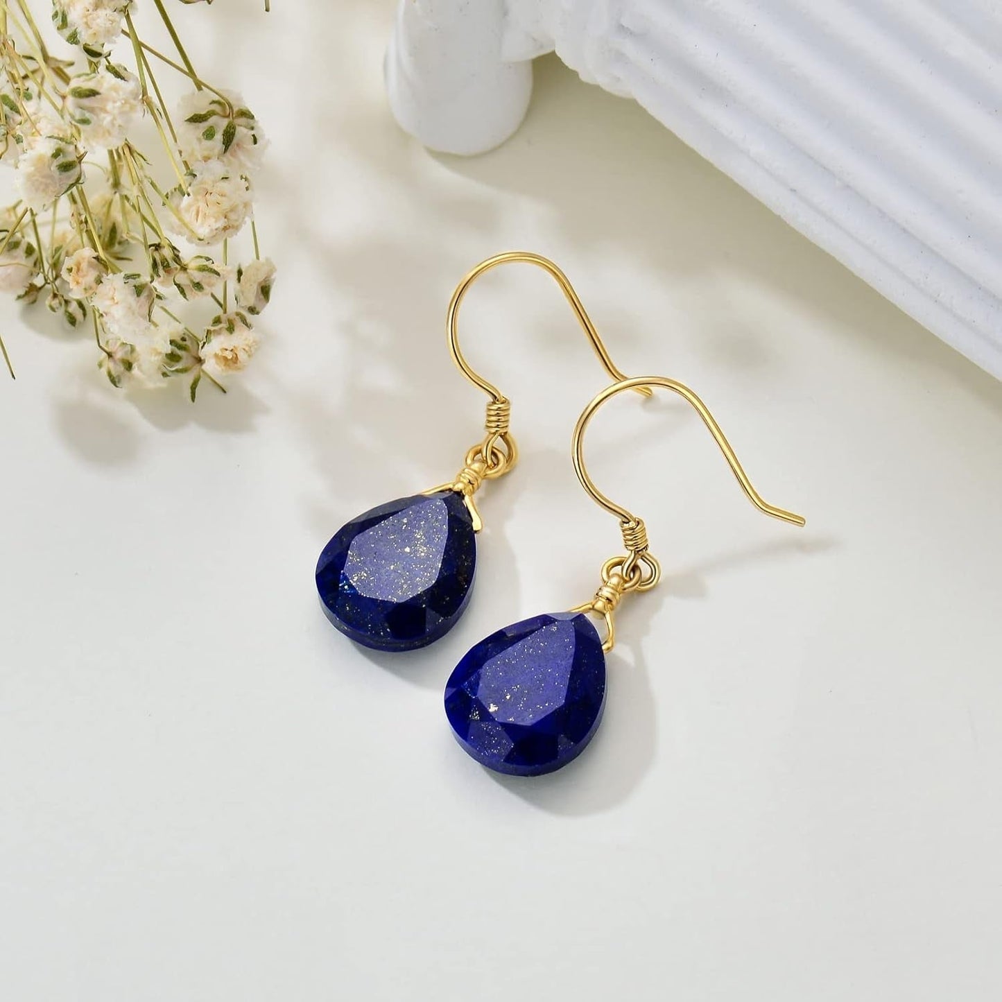 14K Solid Gold Lapis Faceted Teardrops Earrings for Women, Natural Lapis Lazuli Dangle Drops Earrings,Lapis Jewelry Blue Earrings Gifts for Her Christmas Valentines