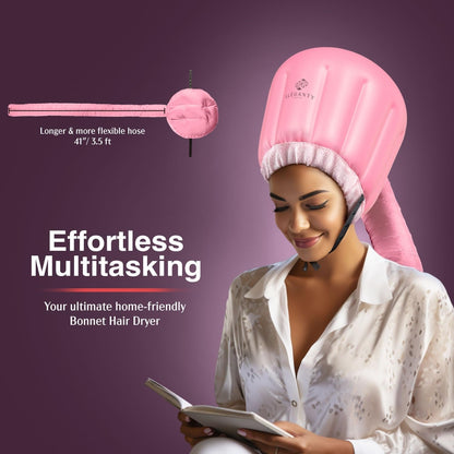 Bonnet Hairdryer Attachment - Integrated Elastic Headband That Reduces Heat around Ears & Neck - Hooded Hair Dryer Diffuser Cap - Easy to Use for Deep Conditioning and Fast Hair Drying (Rose Gold)