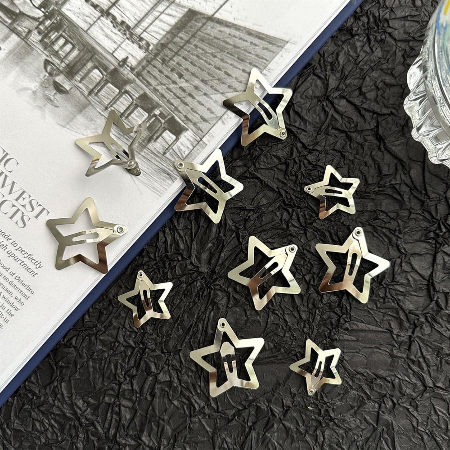 Star Hair Clips 2000S Y2K Snap Hair Barrettes Non Slip Star Hair Accessories Silver Metal Hair Clips for Girls Women -20 PCS 1.18", 1.57"