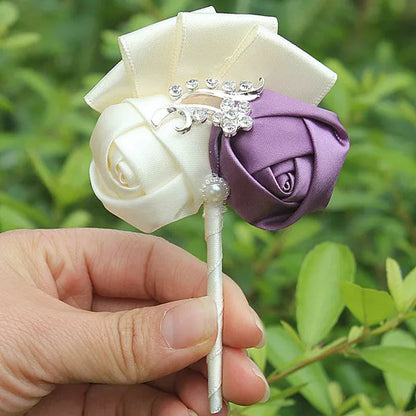 Handmade 8Piece/Lot Colorful Silk Rose Wedding Corsages Boutonniere Groom Diamond Wedding Flowers Boutonniere Brooch Flower