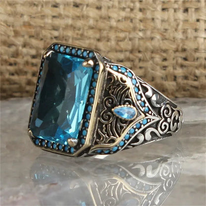 Ring Men's Retro Ethnic Texture Inlaid Large Grain Sapphire, Ruby, Black Gem, Emerald Ring, Domineering Fashion Jewelry Accessories, Father's Day Boyfriend Memorial Day Gift, Party Business Casual Jewelry