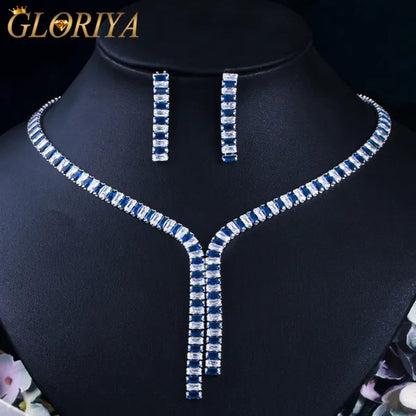 Gloriya Baguette Cut Cubic Zirconia Evening Jewelry Set Blue Stone Wedding Tennis Necklace and Drop Earrings for Brides