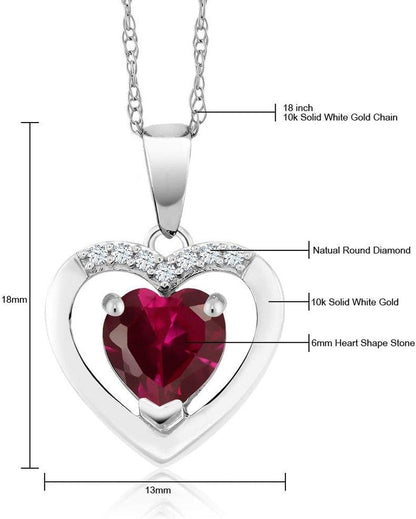 10K White Gold 6MM Heart Shape Gemstone Birthstone and White Diamond Pendant Necklace | Gold Necklace for Women | with 18 Inch Chain