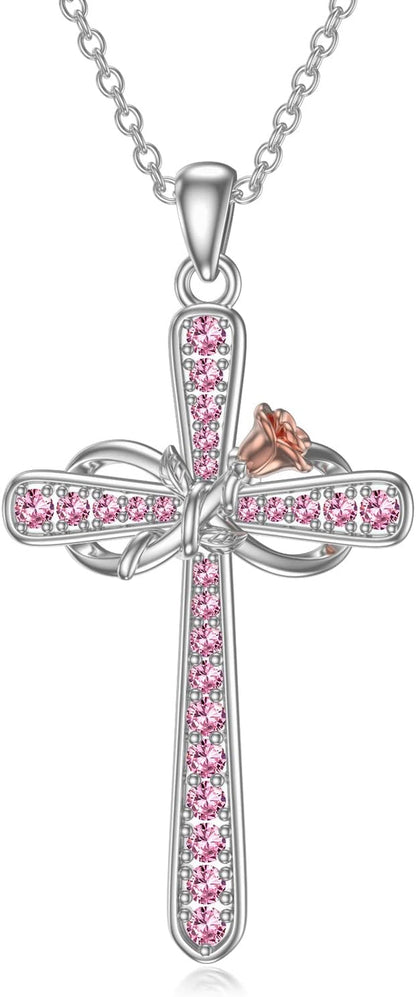 Cross Necklace for Women Sterling Silver Birthstone Pendant Necklace Rose Flower Infinity Cross Necklace Christian Religious Jewelry Birthday Gifts for Women Girls Daughter Friends