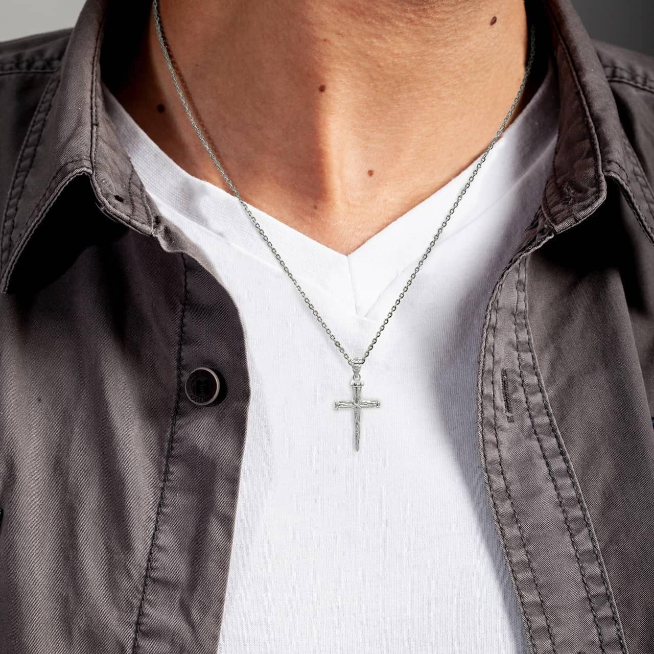 .925 Sterling Silver Nail Cross Christian Faith Pendant Necklace with Rolo Chain and Pendant Only